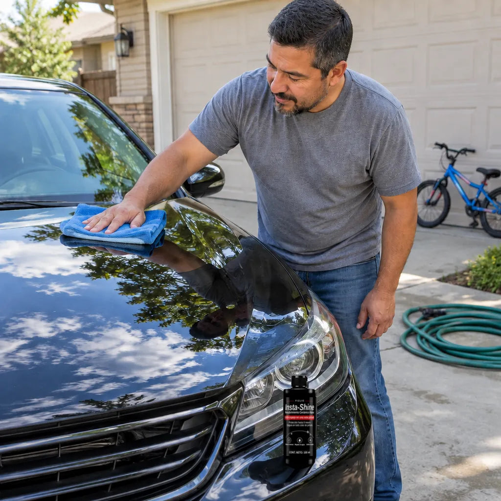 Hombre aplicando Insta-Shine en el cofre de su carro en la cochera