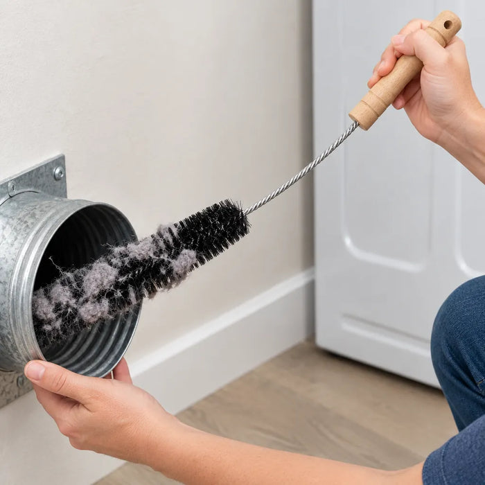Pulling a dryer vent cleaning brush out of a duct with grey lint on the bristles