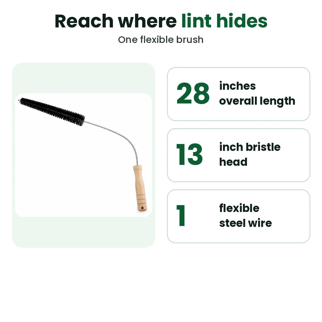Flexible dryer lint brush with its length and bristle head size listed