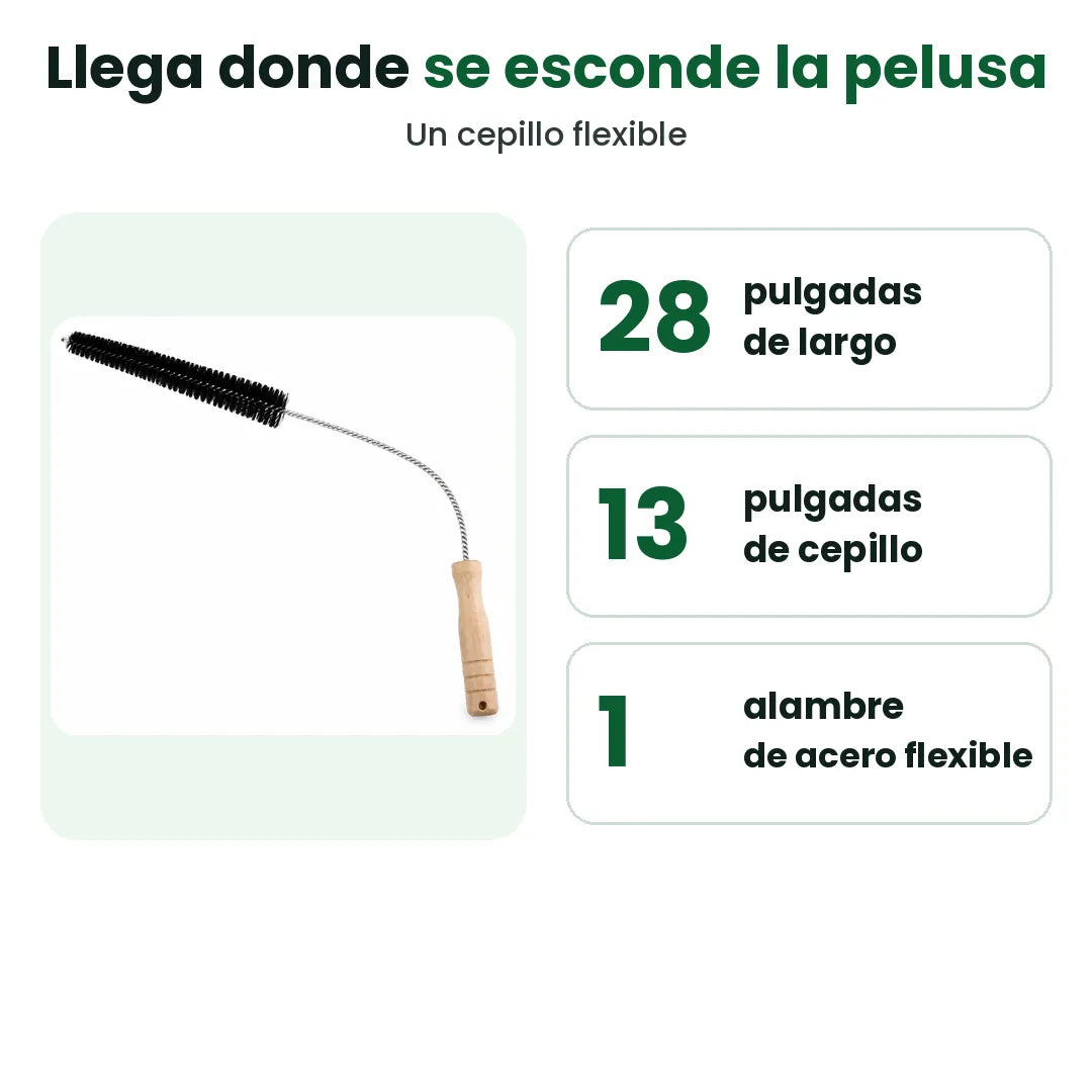 Cepillo flexible para pelusa de secadora con su largo y el tamaño de la cabeza