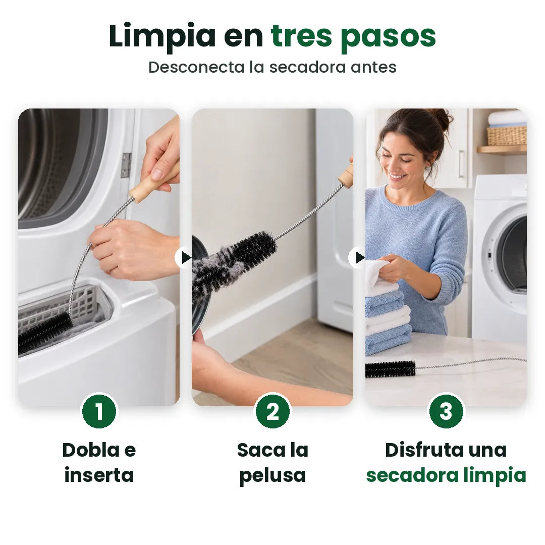 Tres pasos: mete el cepillo para secadora, saca la pelusa y disfruta una secadora limpia