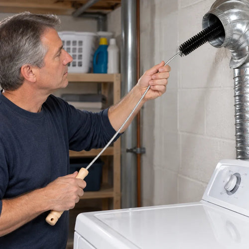 Man cleaning a dryer vent duct in a basement with a long flexible lint brush