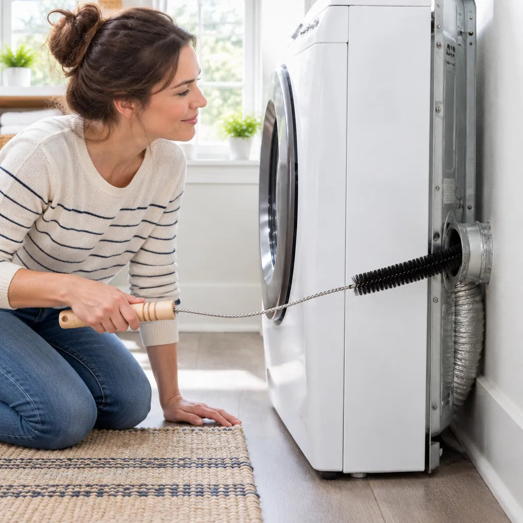 Woman cleaning behind a dryer with a long flexible dryer vent cleaning brush