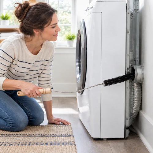 Woman cleaning behind a dryer with a long flexible dryer vent cleaning brush