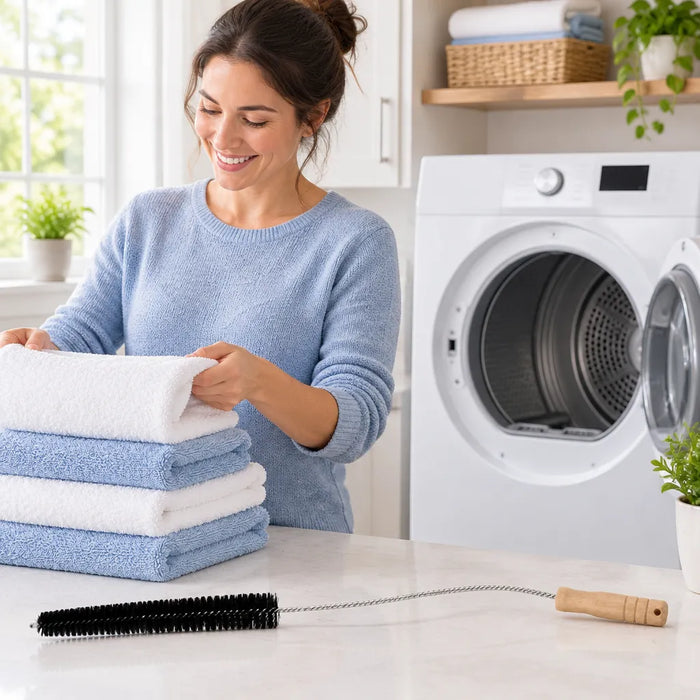 Smiling woman folding fresh towels beside a clean dryer in a laundry room