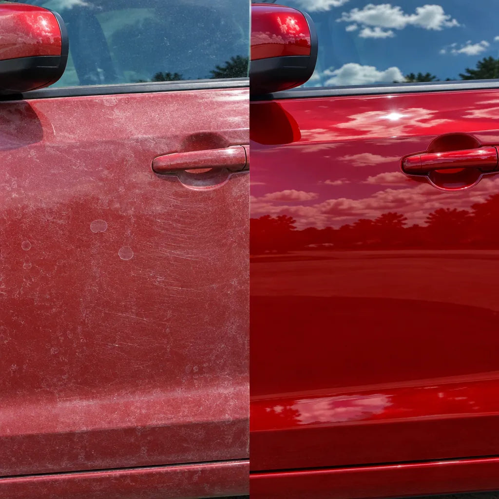 Puerta roja opaca y rayada a la izquierda, con brillo espejo a la derecha