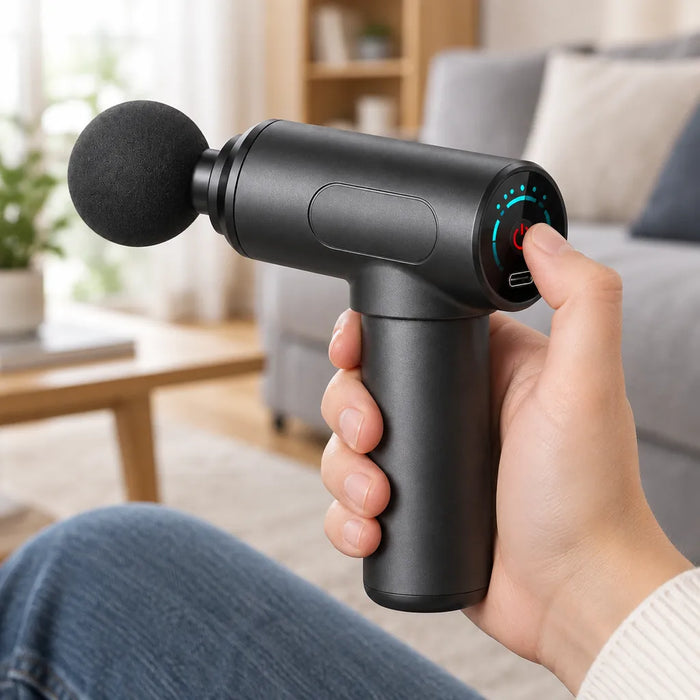 Thumb tapping the touch display of a handheld massager to pick one of 6 speeds