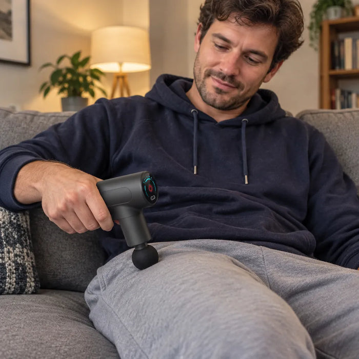 Man on a sofa gliding a muscle massager along his thigh in the evening