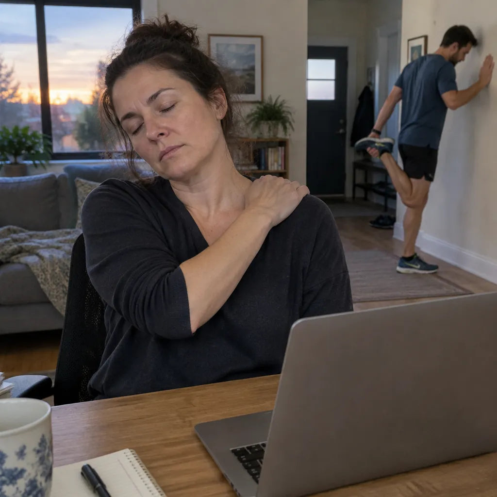 Woman at her desk rubbing her tight shoulder at the end of a workday, a runner stretching behind her