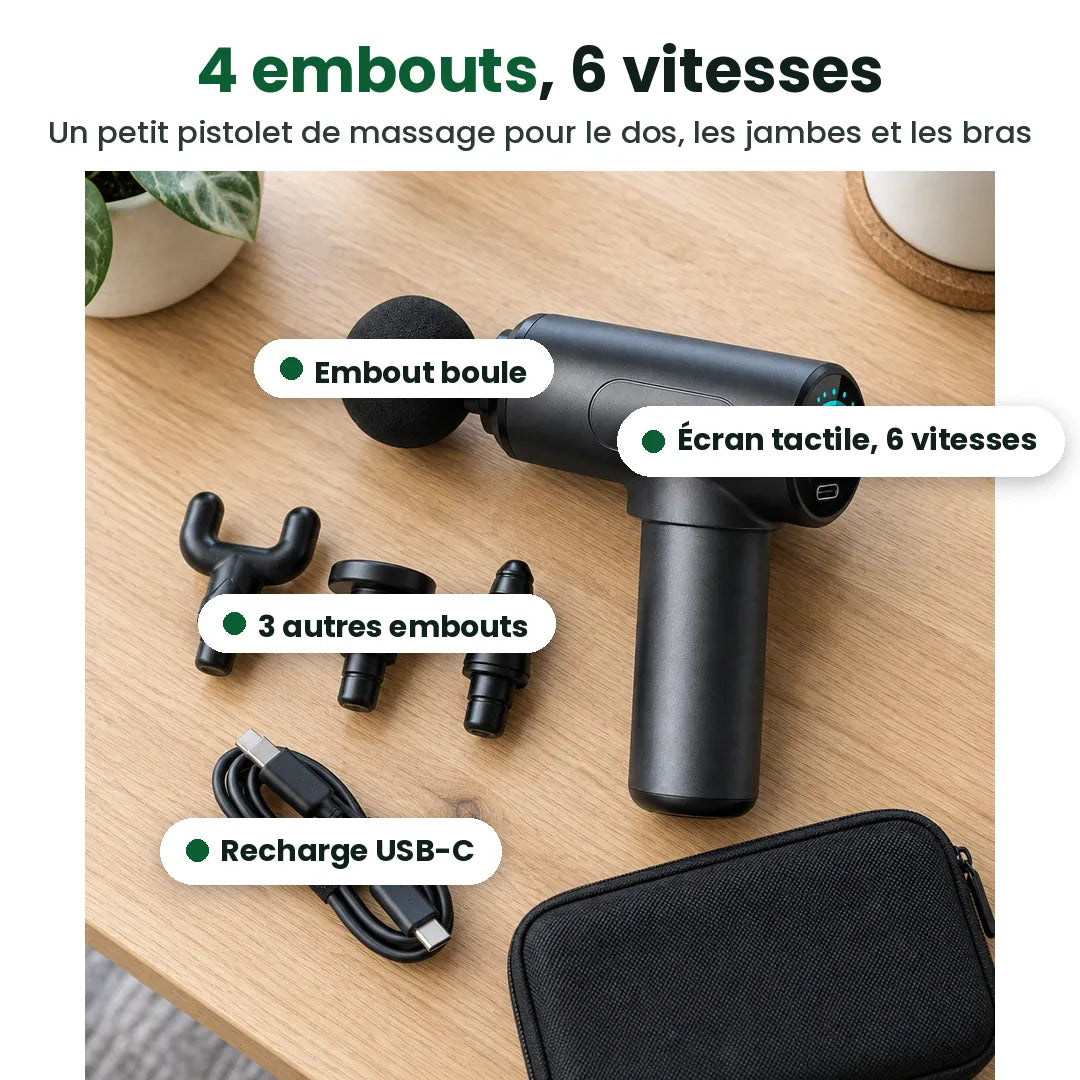 Pistolet de massage avec embout boule, écran tactile à 6 vitesses, 3 autres embouts et recharge USB-C