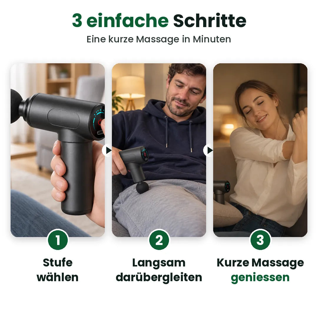 Mini Massagepistole in 3 Schritten: Stufe wählen, langsam gleiten, Massage geniessen