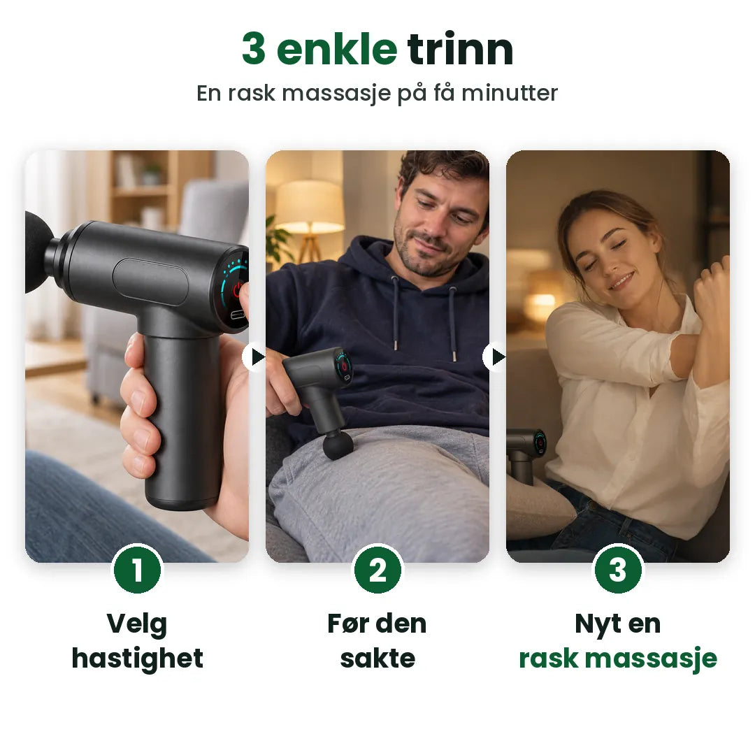 Slik bruker du mini massasjepistolen i 3 trinn: velg hastighet, før den sakte, nyt