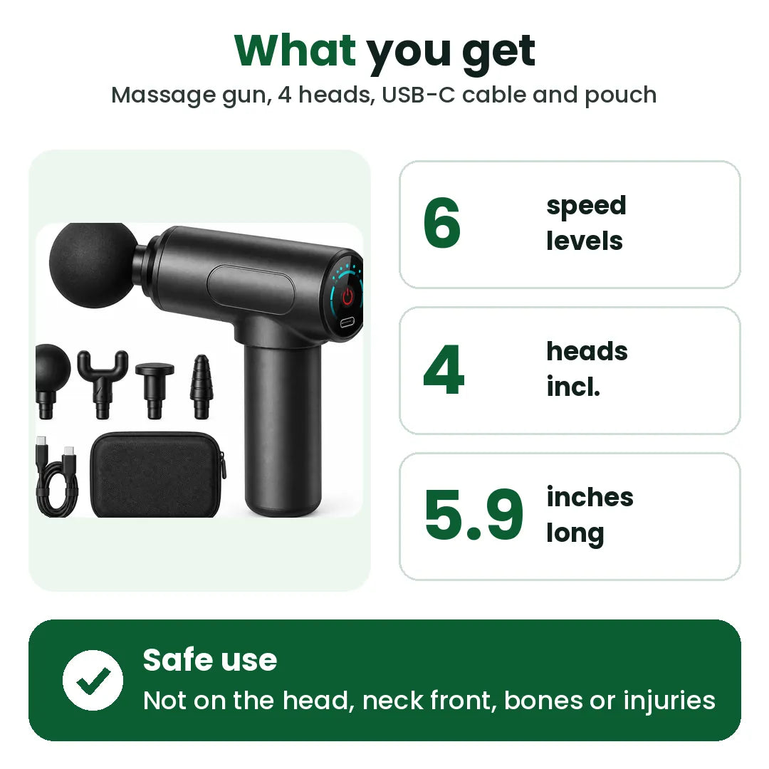 What you get: mini massage gun with 6 speed levels, 4 heads, USB-C cable and storage pouch