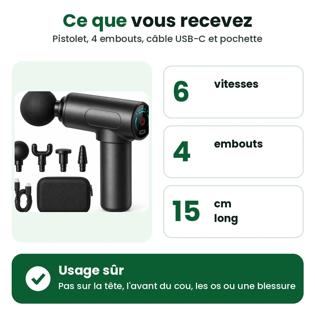 Ce que vous recevez : mini pistolet de massage, 6 vitesses, 4 embouts, câble USB-C et pochette