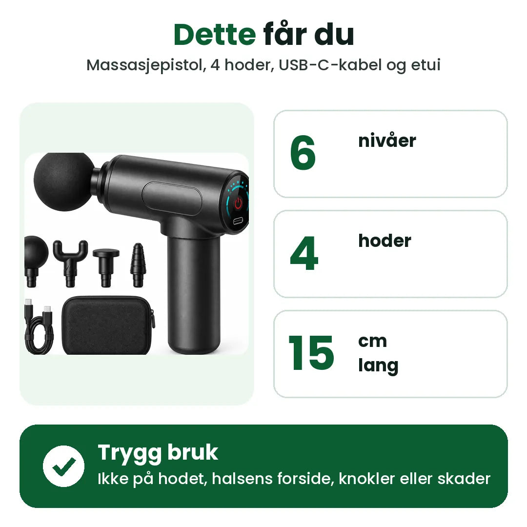Dette får du: mini massasjepistol med 6 nivåer, 4 hoder, USB-C-kabel og etui