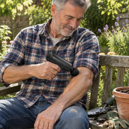 Man in his fifties using a mini massage gun on his arm on a garden bench