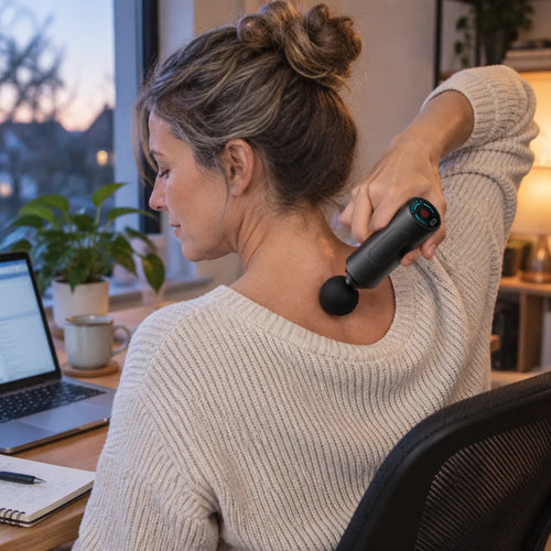 Woman at her home office desk using a back massager on her upper back