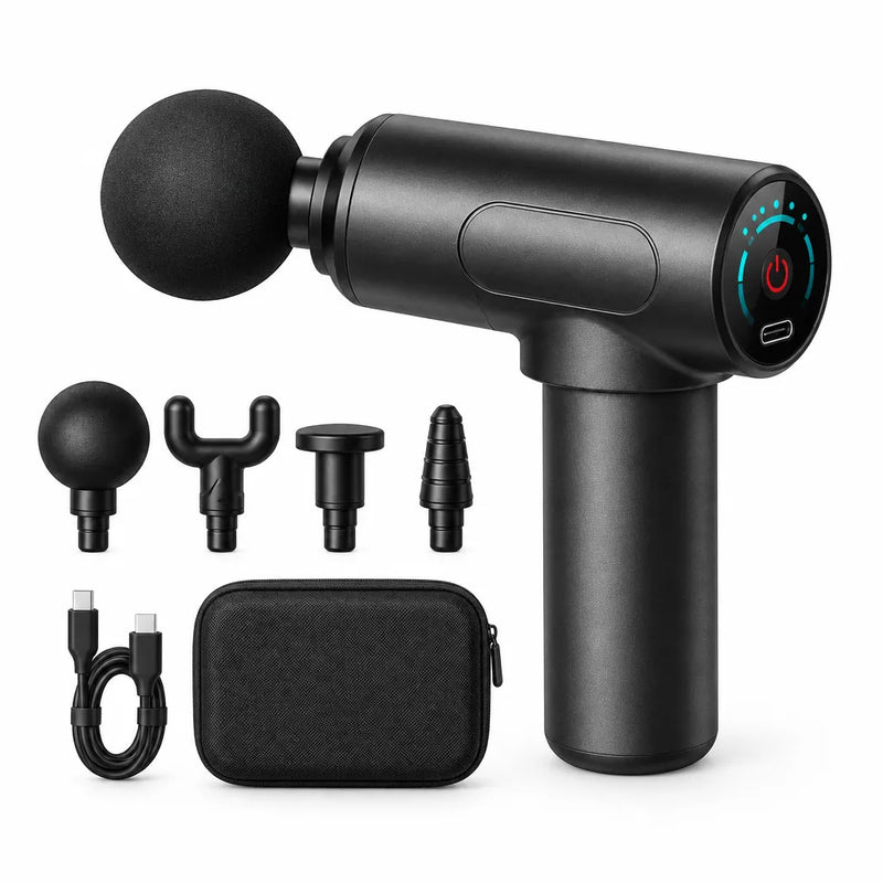 Mini massage gun with four heads, a USB-C cable and a zip storage pouch