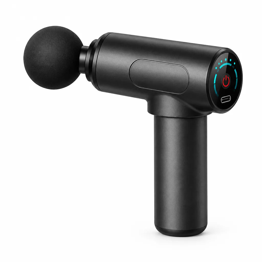 Black mini massage gun with ball head and round touch display on a white background