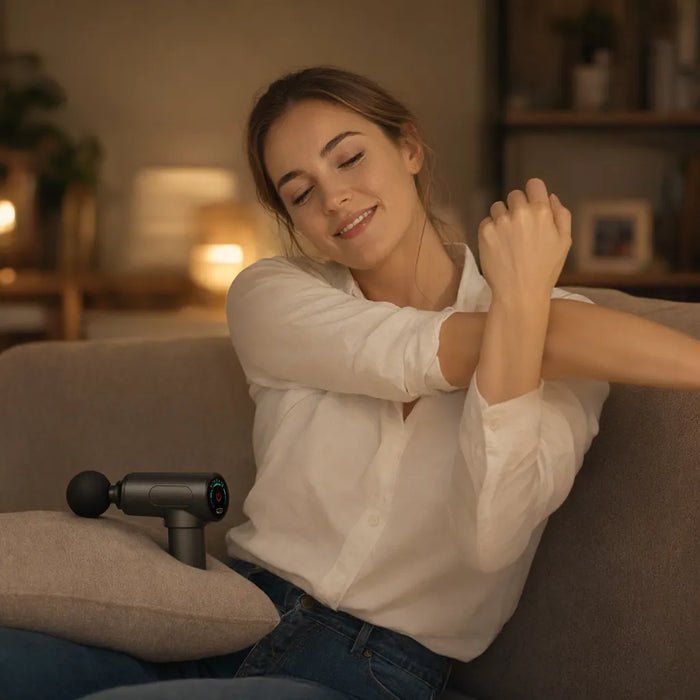 Smiling woman stretching on her sofa with a mini massage gun resting beside her