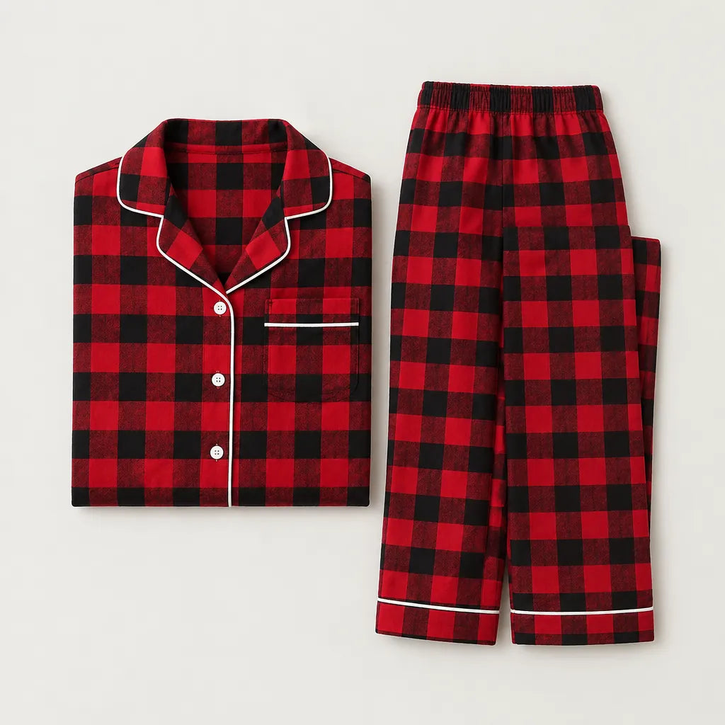 Folded plaid Christmas pajama top and long pants set on a neutral surface