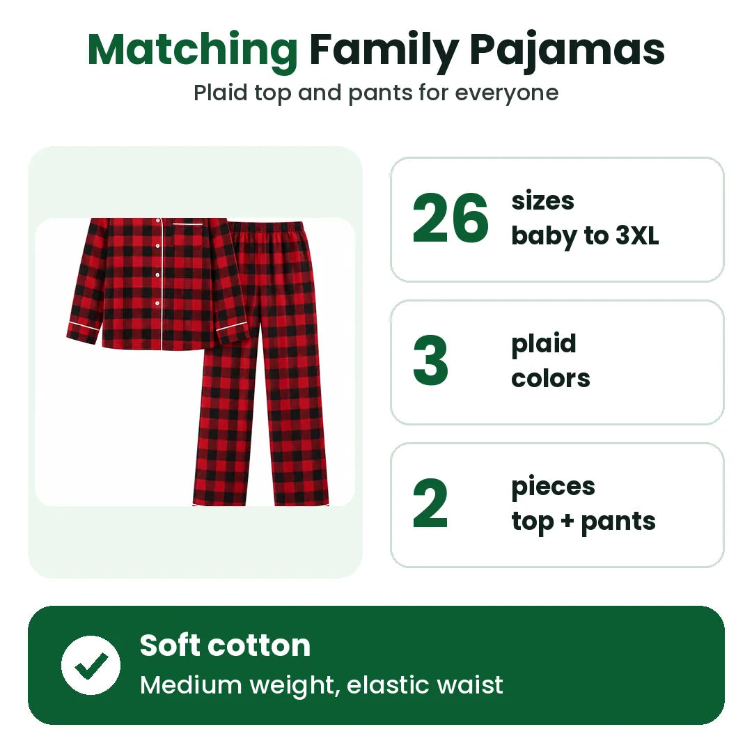 Matching family pajamas in 26 sizes and 3 plaid colors, top and pants