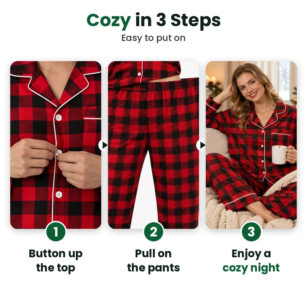 Three steps to put on the plaid Christmas pajama set and relax