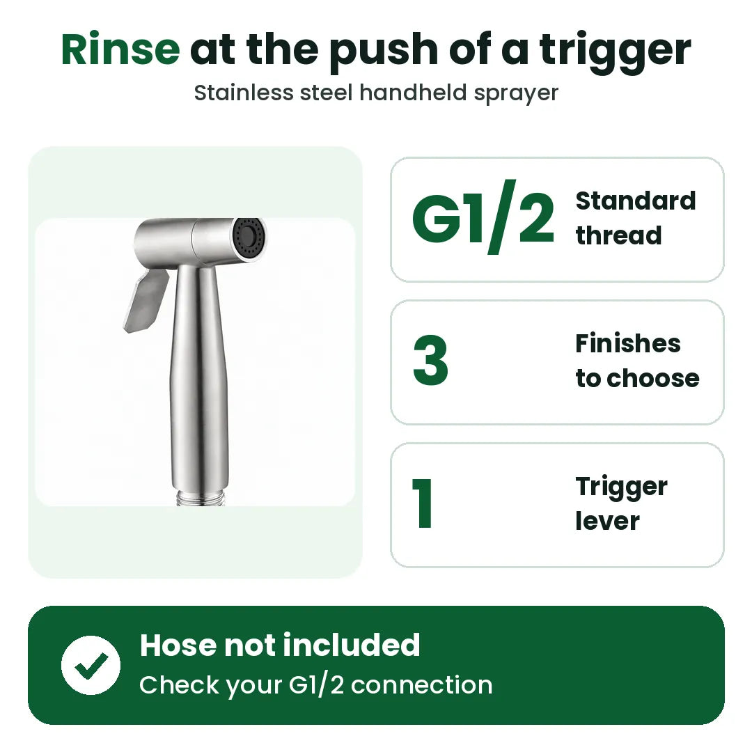 Stainless steel handheld bidet sprayer with G1/2 thread and trigger lever, three finishes