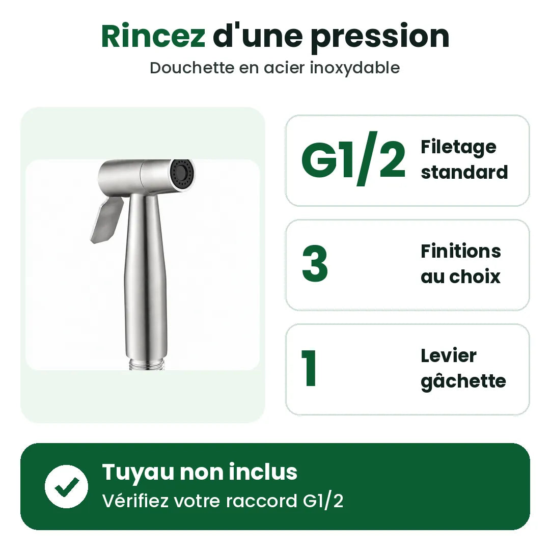 Douchette hygiénique en acier inoxydable avec filetage G1/2 et levier gâchette, trois finis