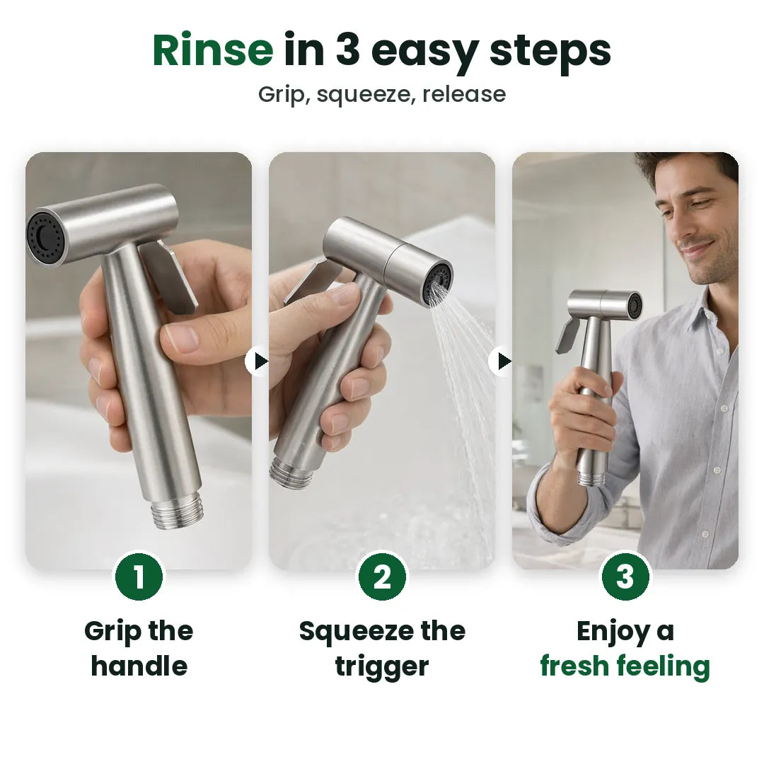 Three steps to use a handheld bidet sprayer: grip, squeeze the trigger, enjoy