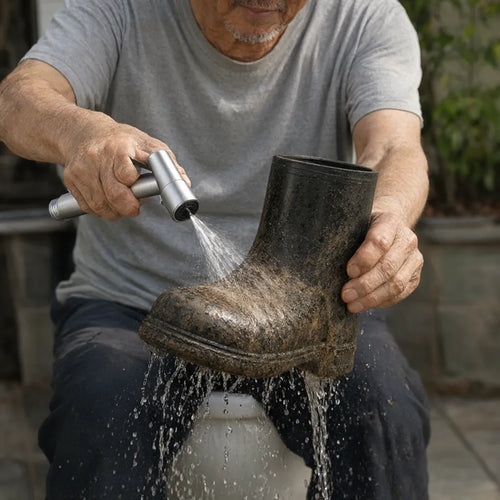 Older man rinsing a muddy boot with a stainless steel handheld sprayer on a patio
