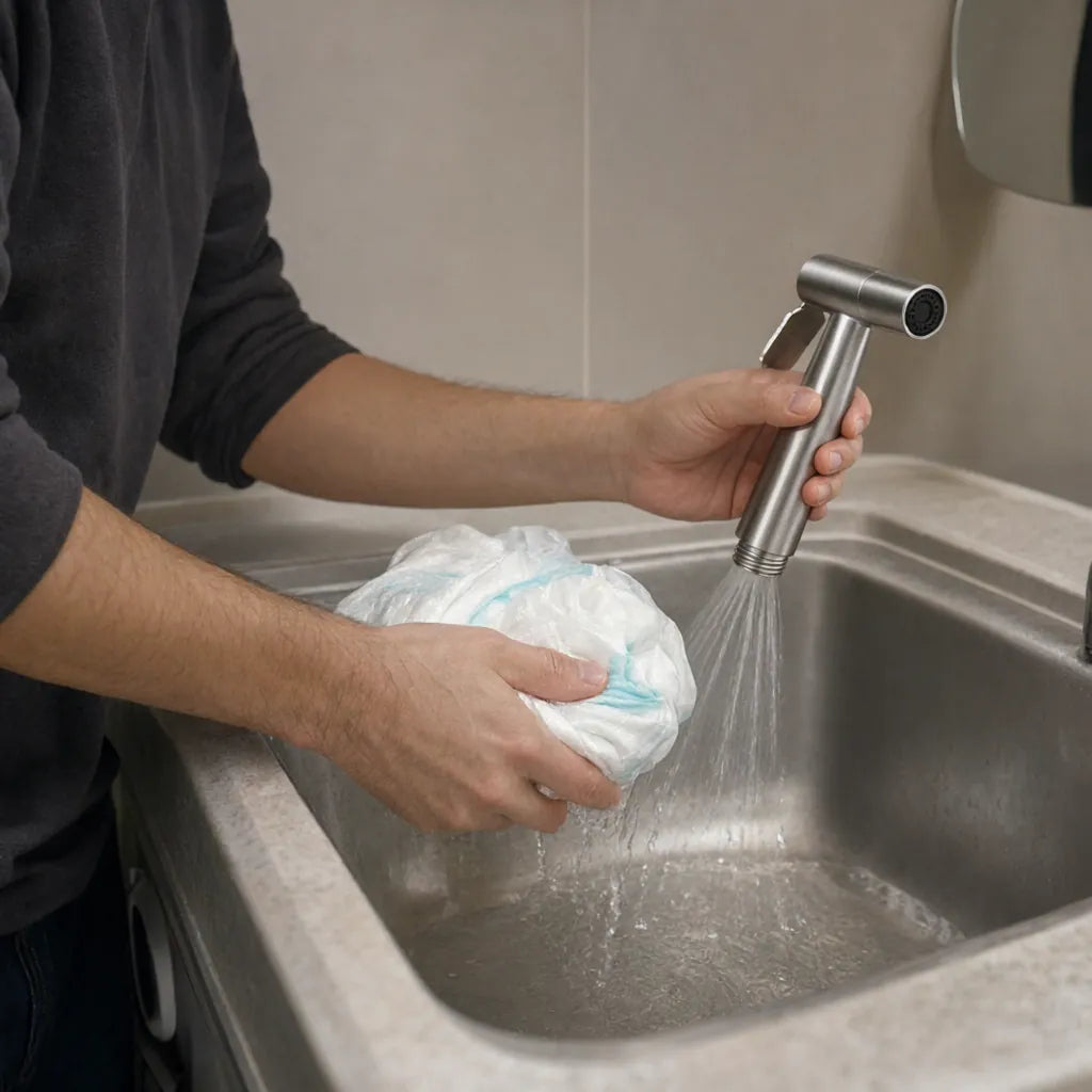 Man rinsing a cloth diaper in a utility sink with a stainless steel handheld sprayer