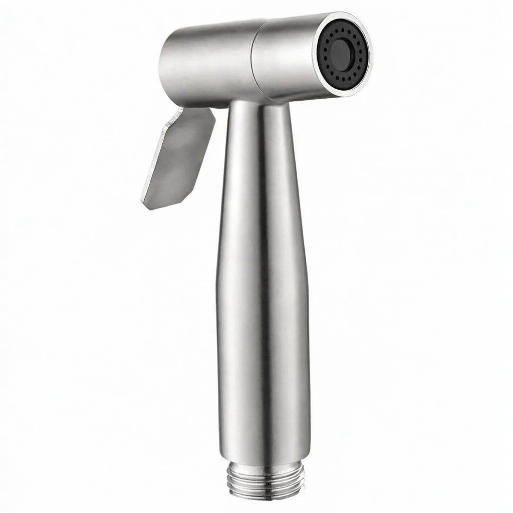 Stainless steel handheld bidet sprayer with trigger lever on a white background