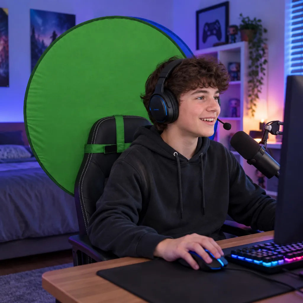 Teen streamer at a gaming desk with a green screen backdrop on his chair
