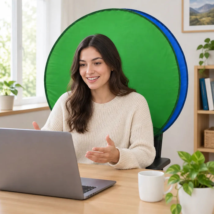 Smiling woman ready to record in front of a round green screen on her chair