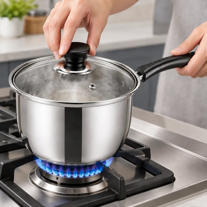 Poniendo la tapa de vidrio en una olla de acero inoxidable con agua humeante en la estufa
