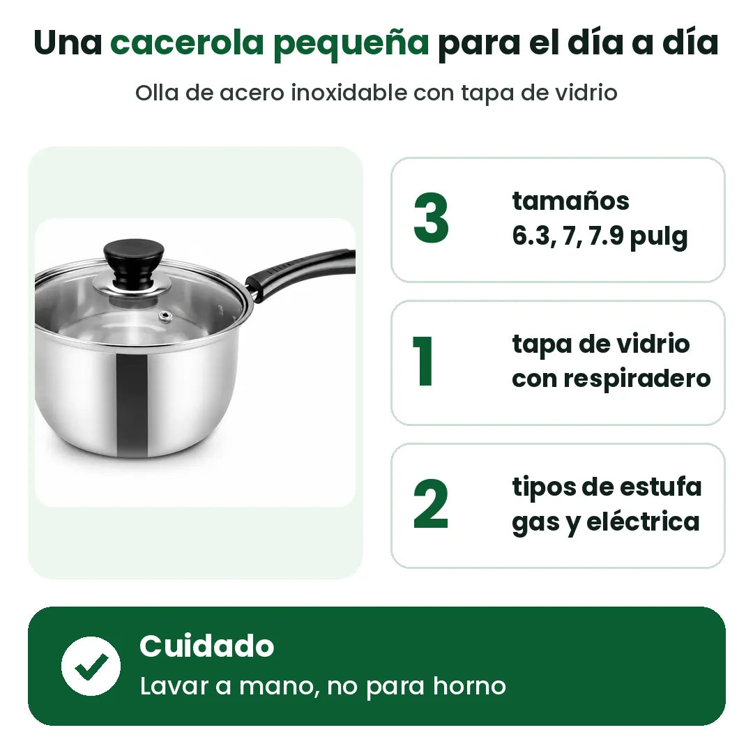 Cacerola de acero inoxidable con tapa de vidrio con tamaños y tipos de estufa