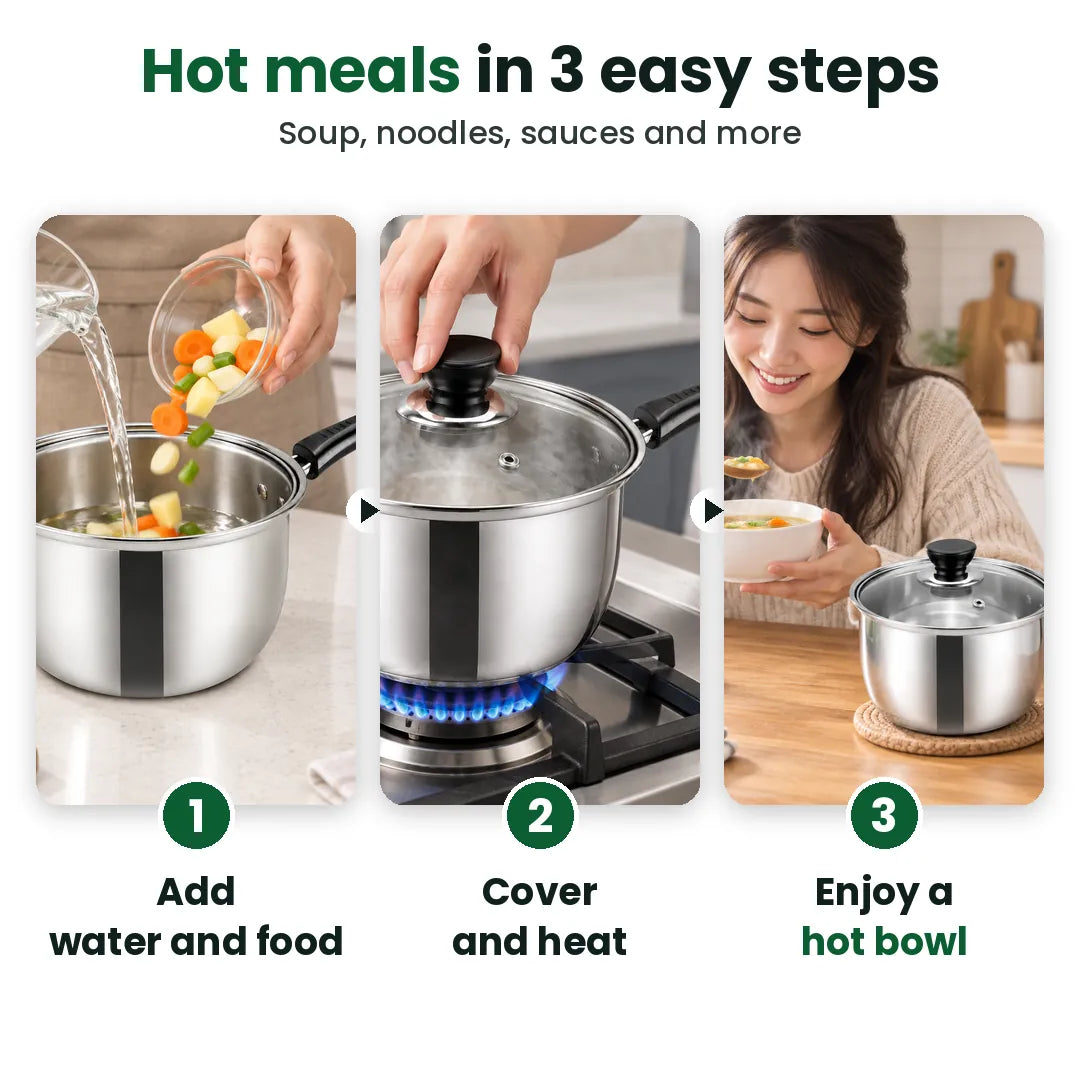 Three steps to cook soup in a stainless steel pot: add, cover and enjoy