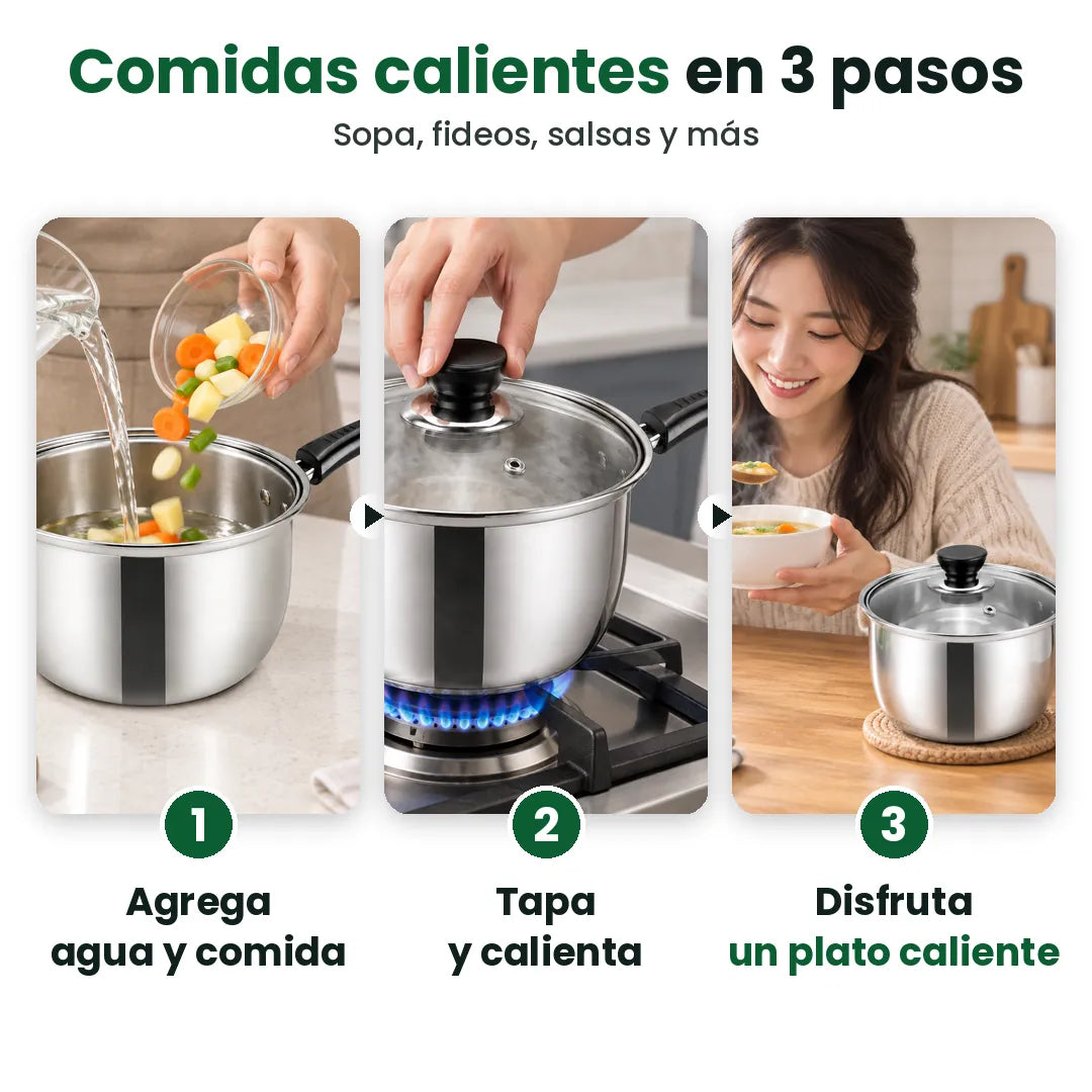 Tres pasos para cocinar sopa en una olla de acero inoxidable: agrega, tapa y disfruta