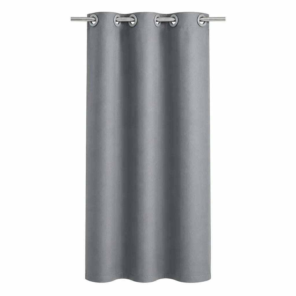Gray grommet blackout curtain panel on a rod, white background