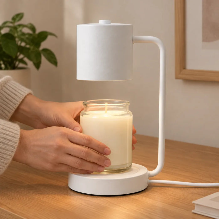 Hands placing a jar candle on the base of a white candle warmer lamp