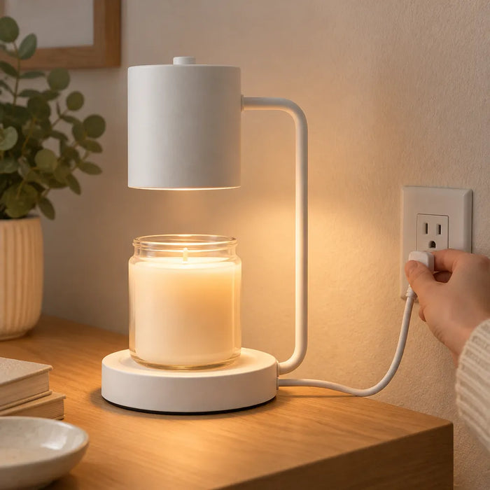 Plugging in a white candle warmer lamp glowing over a jar candle