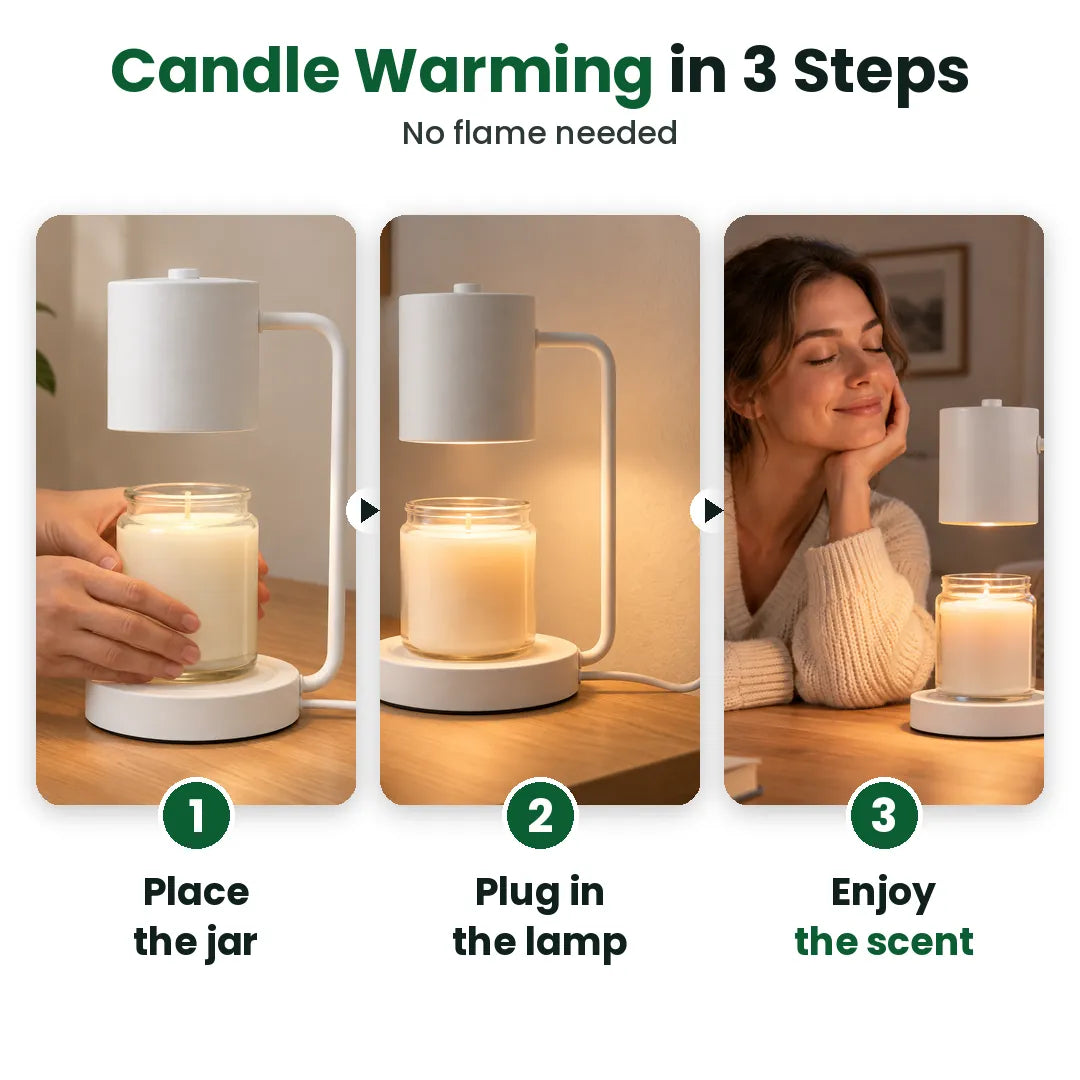 Three steps to warm a candle with a candle warmer lamp: place, plug in, enjoy