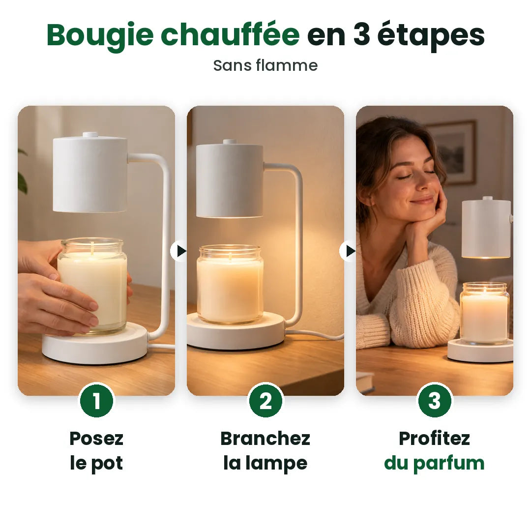 Trois étapes pour chauffer une bougie avec une lampe : posez, branchez, profitez