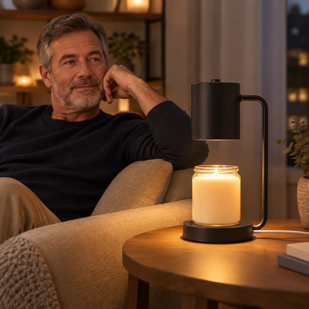 Man relaxing on a sofa beside a black candle warmer lamp on a side table