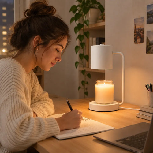Young woman studying at a desk with a white candle warmer lamp and jar candle