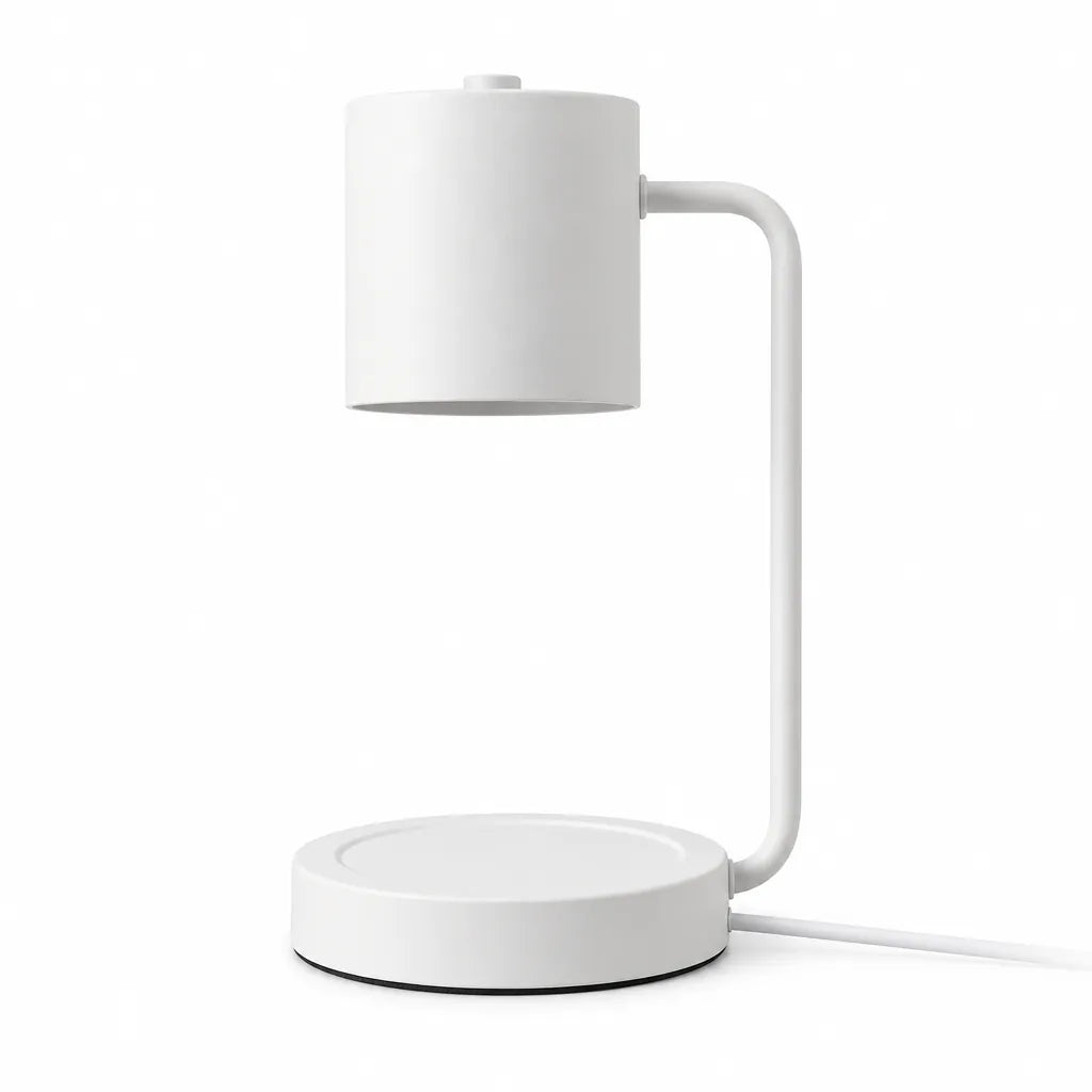 White candle warmer lamp with round base and cylindrical lamp head on white