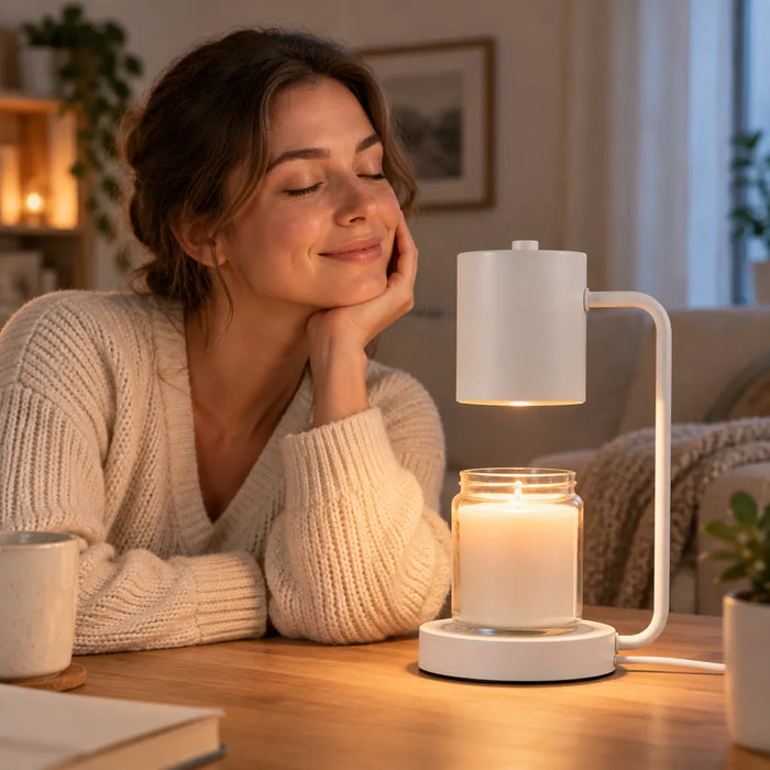Smiling woman enjoying the scent beside a candle warmer lamp and jar candle