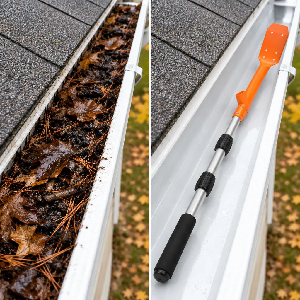 Clogged gutter next to the same gutter cleaned