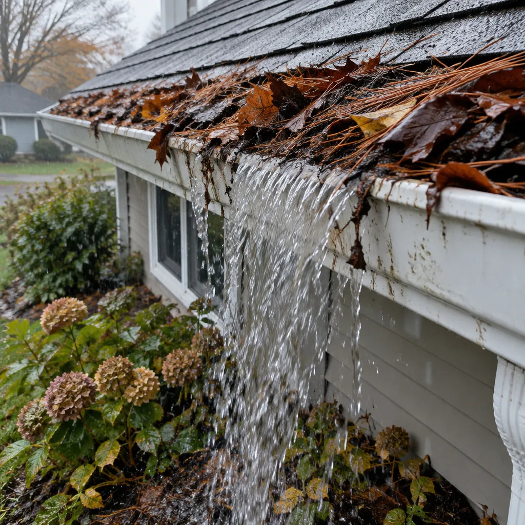 Clogged gutter overflowing in the rain